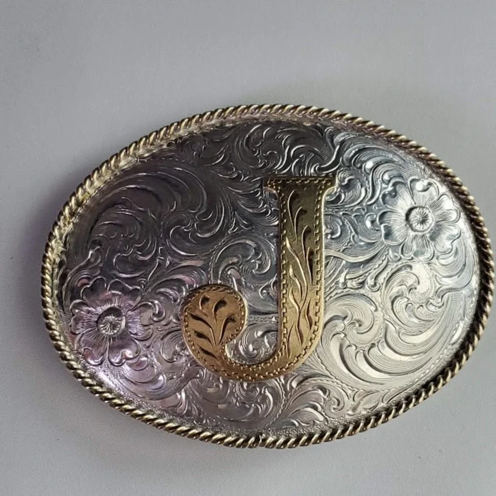 Silversmith Co Silver Plate Initial J Belt Buckle Western Floral Rope Edge 4in